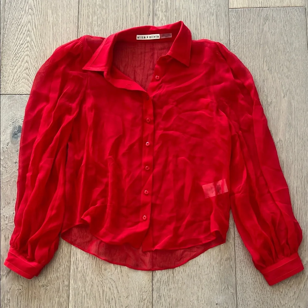 Alice + Olivia Sheer Button Down Blouse Red Silk - Picture 1 of 6